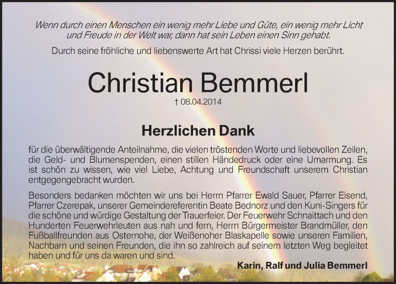  Traueranzeige für Christian Bemmerl vom 26.04.2014 aus Pegnitz-Zeitung